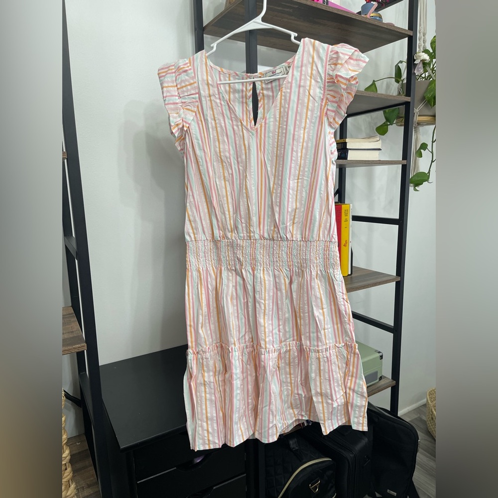 Vineyard Vines Pink and Yellow Striped Ruffle-Sleeve Dress